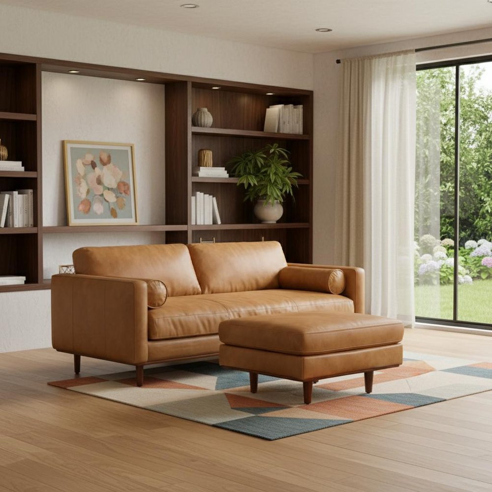 89" Sienna Leather Sofa With Ottoman With Brown Legs HomeRoots