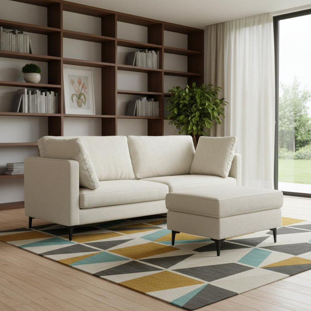 90" Cream Fabric Sofa With Ottoman With Black Legs HomeRoots