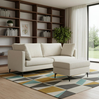 90" Cream Fabric Sofa With Ottoman With Black Legs HomeRoots
