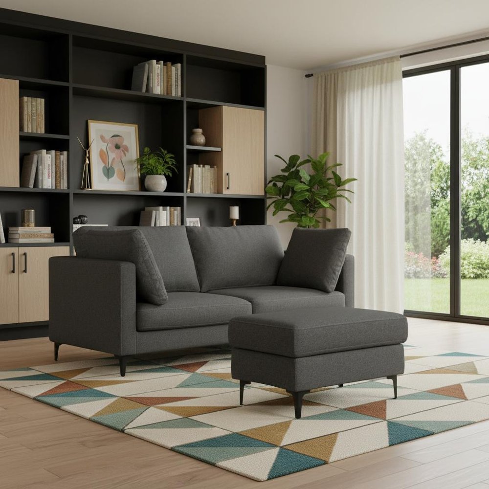 76" Gray Fabric Sofa With Ottoman With Black Legs HomeRoots