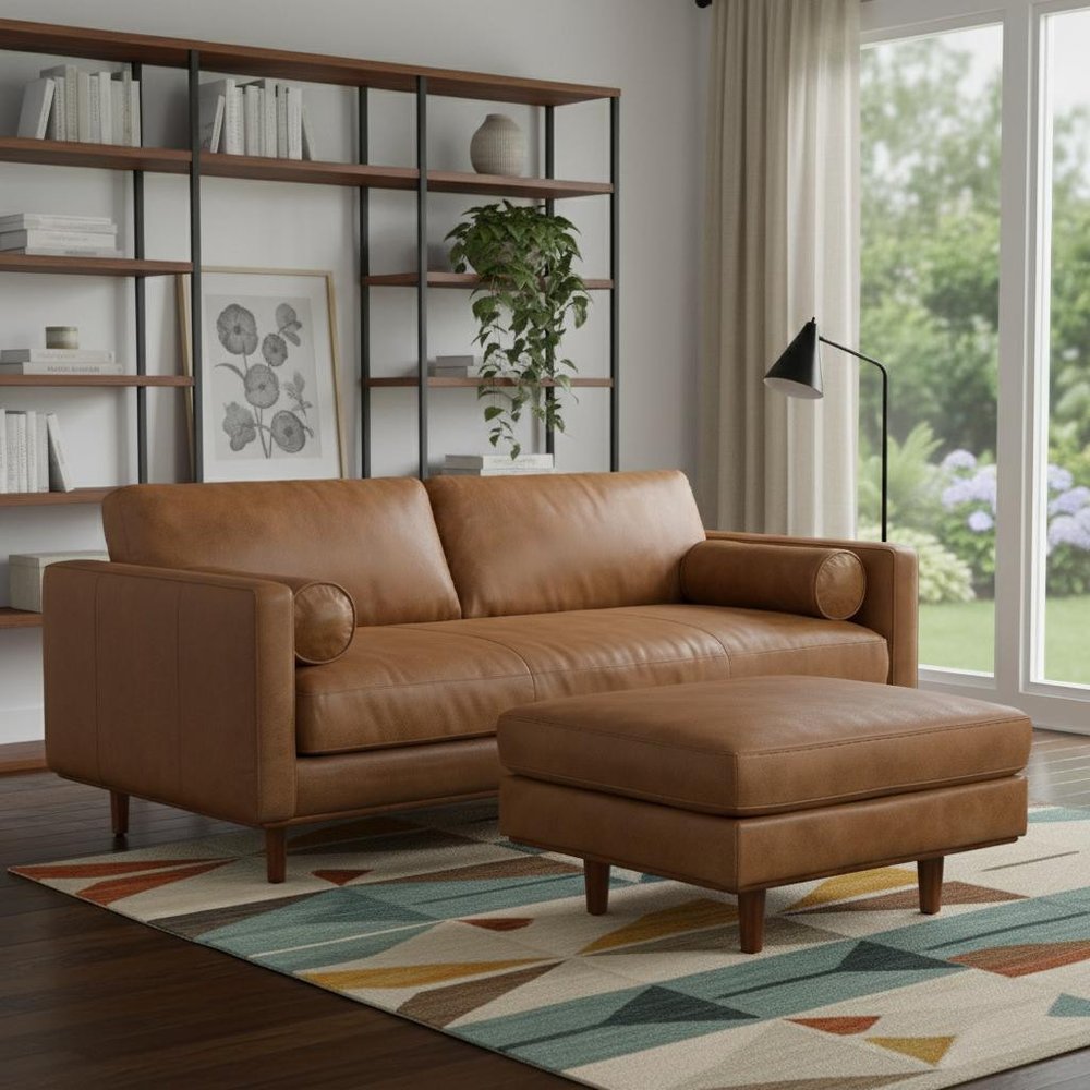 89" Brown Leather Sofa With Ottoman HomeRoots