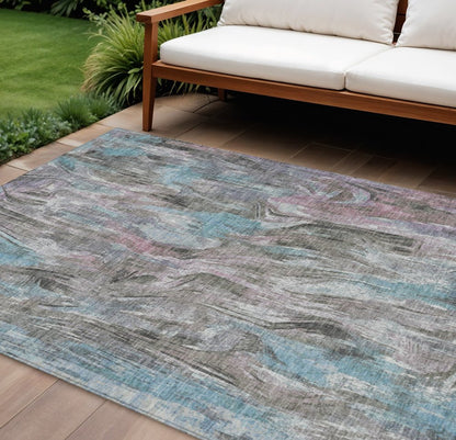 3' X 5' Taupe Teal Blue And Gray Abstract Washable Indoor Outdoor Area Rug HomeRoots
