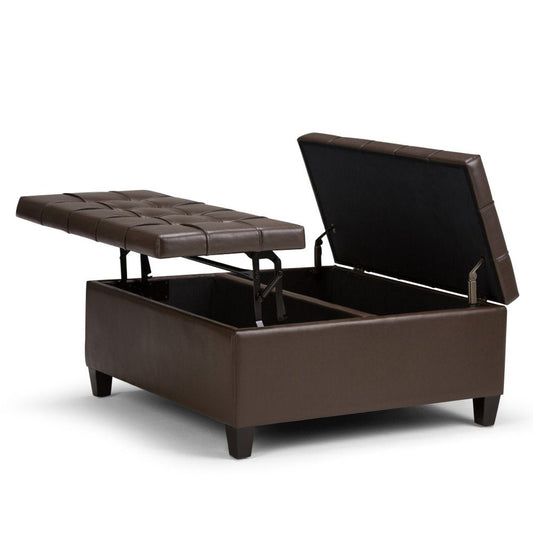 36" Umber And Espresso Faux Leather Tufted Ottoman With Storage
