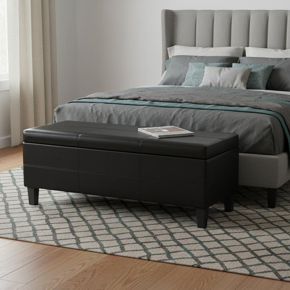 48" Black And Dark Brown Faux Leather And Solid Wood Upholstered Storage Bench With Flip Top HomeRoots