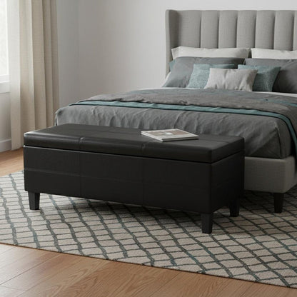 48" Black And Dark Brown Faux Leather And Solid Wood Upholstered Storage Bench With Flip Top HomeRoots