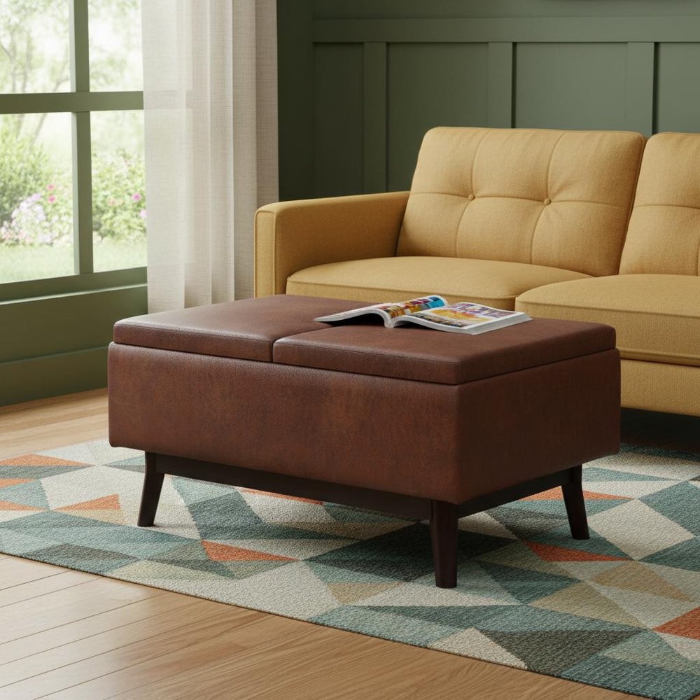 34" Black And Dark Brown Faux Leather Ottoman With Storage — view 6