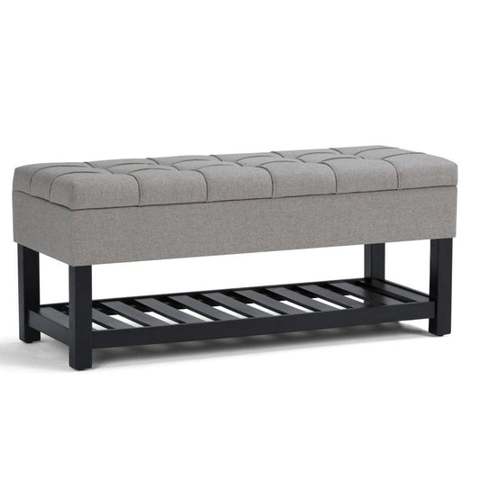 43" Light Gray And Espresso Tufted Fabric And Solid Wood Upholstered Storage Bench With Flip Top And Shelves