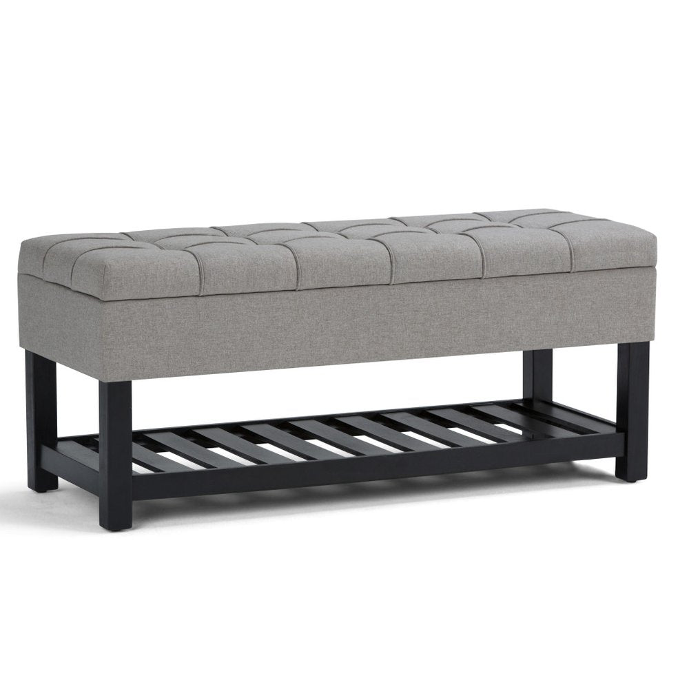 43" Light Gray And Espresso Tufted Faux Linen And Solid Wood Upholstered Storage Bench With Flip Top And Shelves — view 1