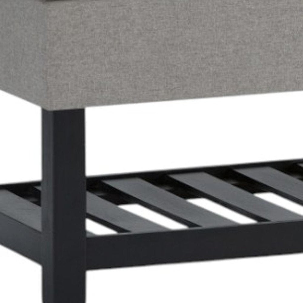 43" Light Gray And Espresso Tufted Faux Linen And Solid Wood Upholstered Storage Bench With Flip Top And Shelves HomeRoots