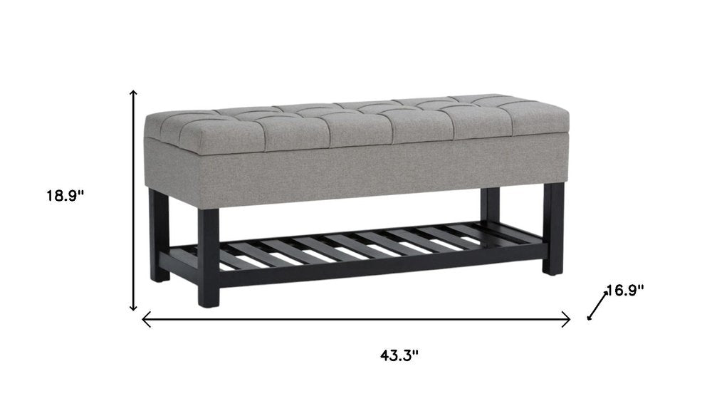 43" Light Gray And Espresso Tufted Faux Linen And Solid Wood Upholstered Storage Bench With Flip Top And Shelves HomeRoots