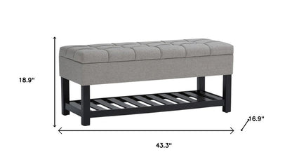 43" Light Gray And Espresso Tufted Faux Linen And Solid Wood Upholstered Storage Bench With Flip Top And Shelves HomeRoots