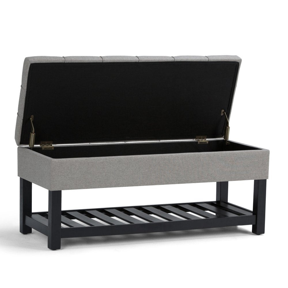 43" Light Gray And Espresso Tufted Faux Linen And Solid Wood Upholstered Storage Bench With Flip Top And Shelves HomeRoots