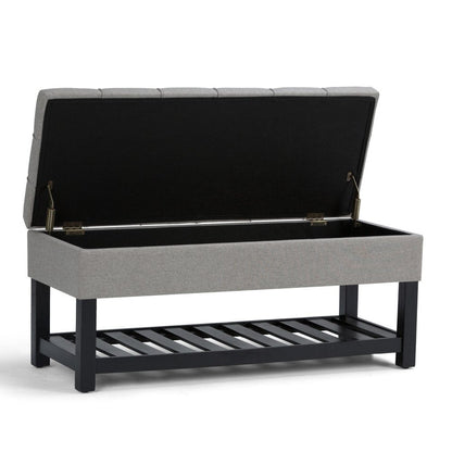 43" Light Gray And Espresso Tufted Faux Linen And Solid Wood Upholstered Storage Bench With Flip Top And Shelves HomeRoots