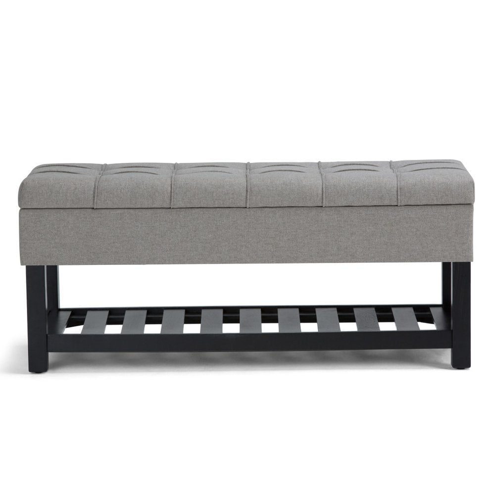 43" Light Gray And Espresso Tufted Faux Linen And Solid Wood Upholstered Storage Bench With Flip Top And Shelves — view 3