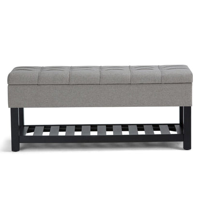 43" Light Gray And Espresso Tufted Faux Linen And Solid Wood Upholstered Storage Bench With Flip Top And Shelves HomeRoots