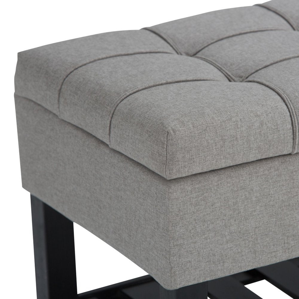 43" Light Gray And Espresso Tufted Faux Linen And Solid Wood Upholstered Storage Bench With Flip Top And Shelves — view 4