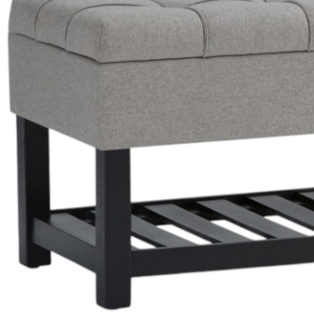 43" Light Gray And Espresso Tufted Faux Linen And Solid Wood Upholstered Storage Bench With Flip Top And Shelves — view 9