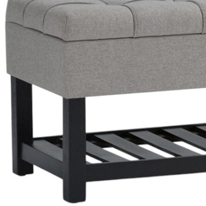43" Light Gray And Espresso Tufted Faux Linen And Solid Wood Upholstered Storage Bench With Flip Top And Shelves HomeRoots