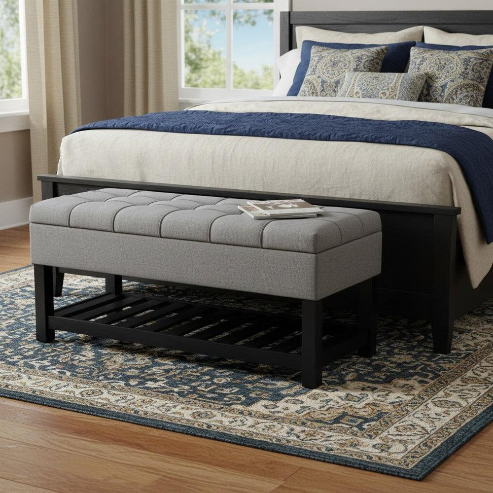 43" Light Gray And Espresso Tufted Faux Linen And Solid Wood Upholstered Storage Bench With Flip Top And Shelves — view 5