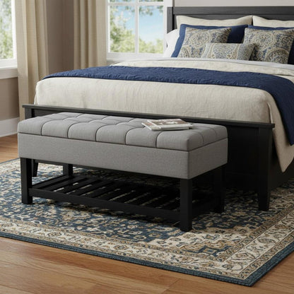 43" Light Gray And Espresso Tufted Faux Linen And Solid Wood Upholstered Storage Bench With Flip Top And Shelves HomeRoots