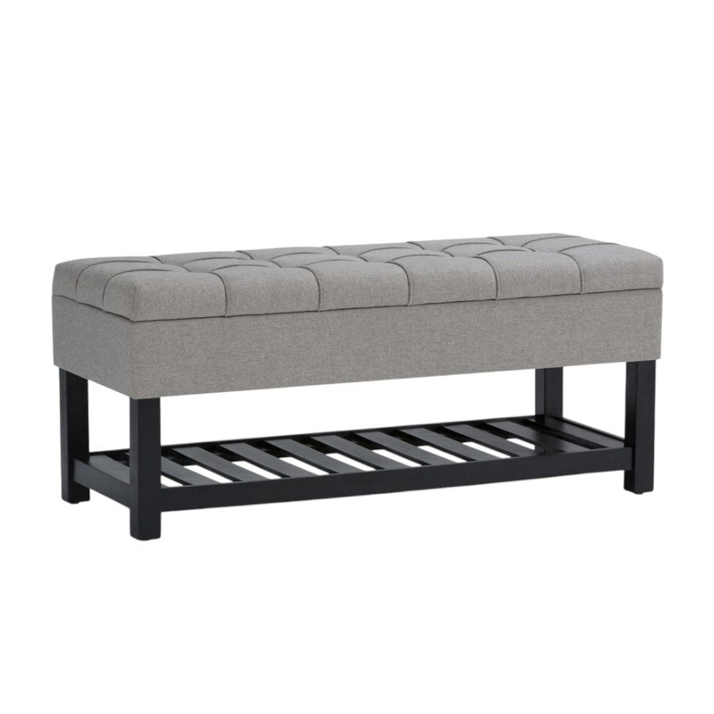 43" Light Gray And Espresso Tufted Faux Linen And Solid Wood Upholstered Storage Bench With Flip Top And Shelves HomeRoots