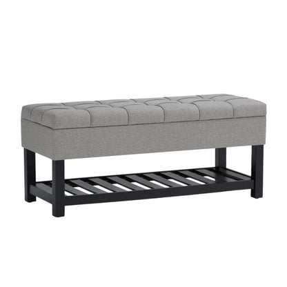 43" Light Gray And Espresso Tufted Faux Linen And Solid Wood Upholstered Storage Bench With Flip Top And Shelves HomeRoots