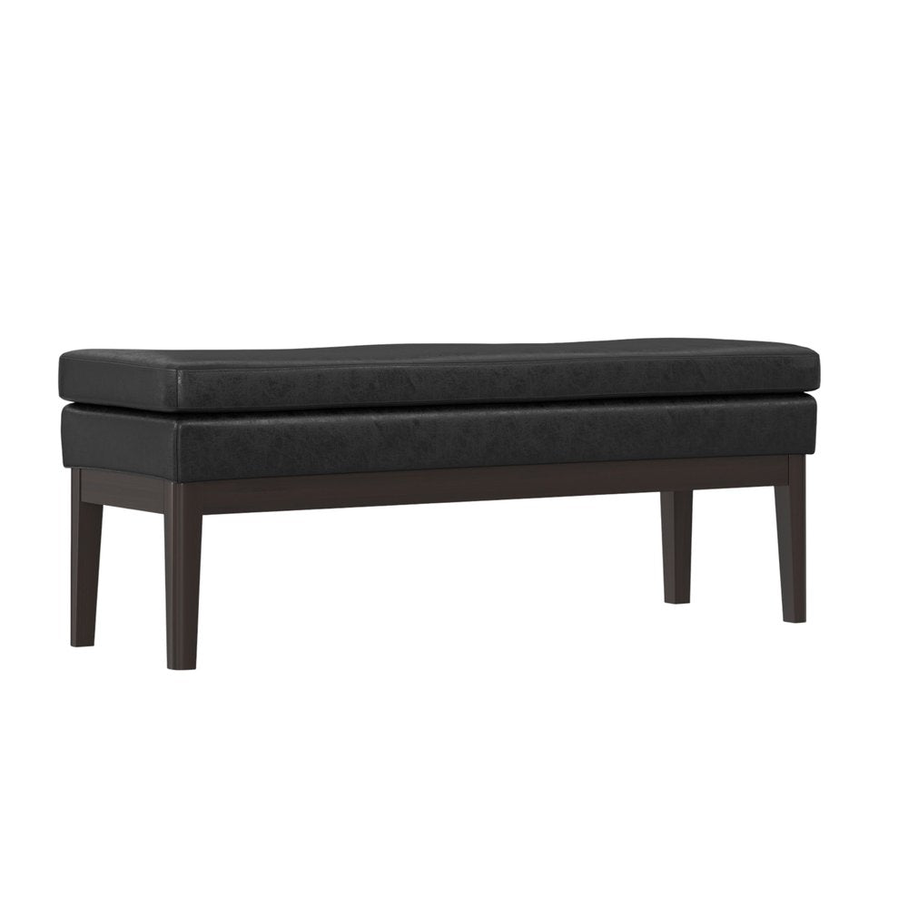 45" Black And Walnut Faux Leather And Solid Wood Upholstered Distressed Bench — view 8