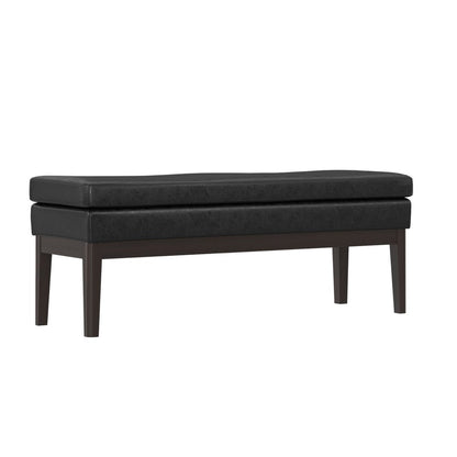 45" Black And Walnut Faux Leather And Solid Wood Upholstered Distressed Bench HomeRoots