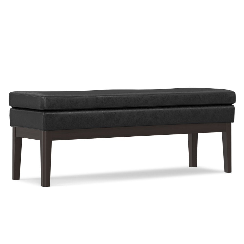 45" Black And Walnut Faux Leather And Solid Wood Upholstered Distressed Bench HomeRoots