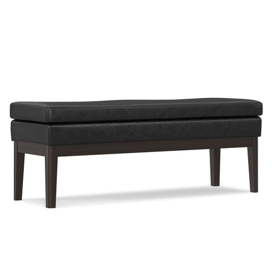45" Black And Walnut Faux Leather And Solid Wood Upholstered Distressed Bench