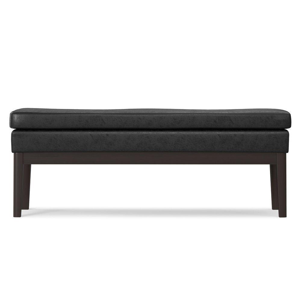 45" Black And Walnut Faux Leather And Solid Wood Upholstered Distressed Bench — view 2