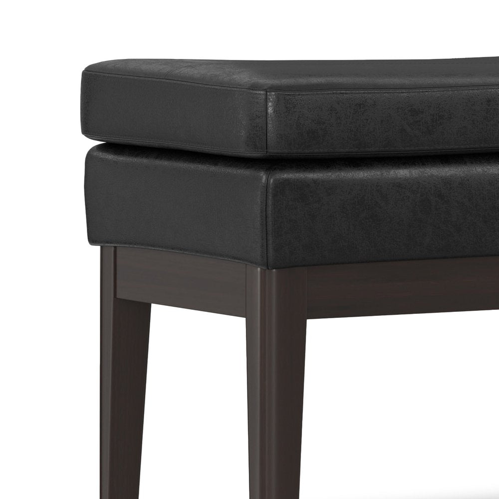 45" Black And Walnut Faux Leather And Solid Wood Upholstered Distressed Bench