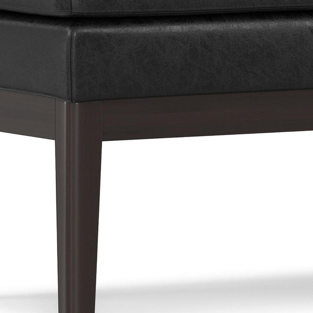 45" Black And Walnut Faux Leather And Solid Wood Upholstered Distressed Bench — view 5
