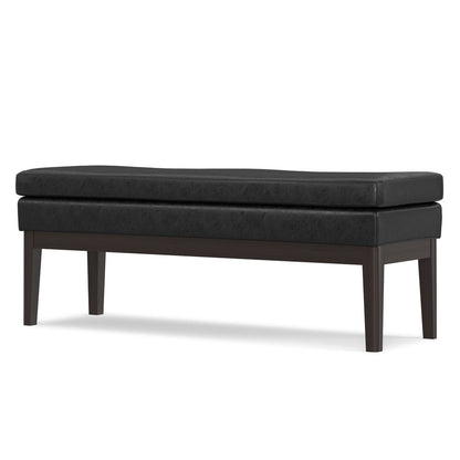 45" Black And Walnut Faux Leather And Solid Wood Upholstered Distressed Bench HomeRoots