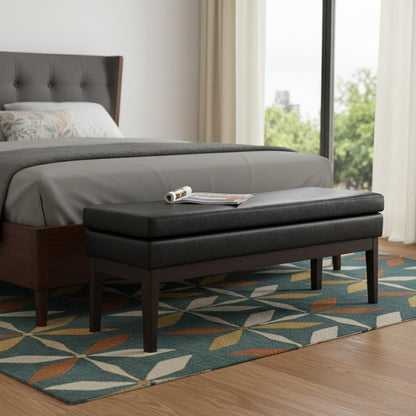 45" Black And Walnut Faux Leather And Solid Wood Upholstered Distressed Bench HomeRoots