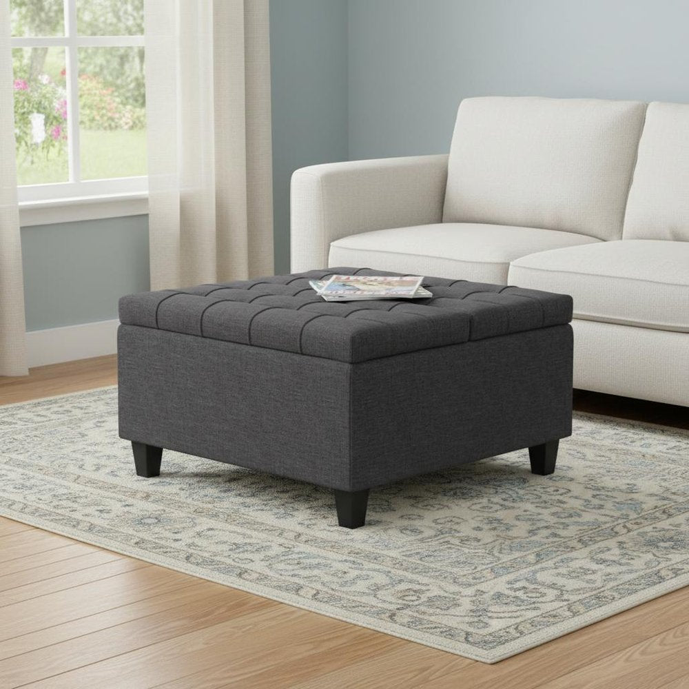 30" Slate Gray And Brown Upholstery Tufted Ottoman With Storage — view 7
