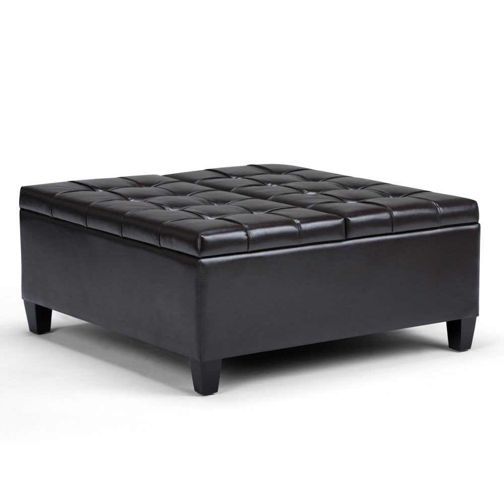 36" Black And Espresso Faux Leather Tufted Ottoman With Storage HomeRoots