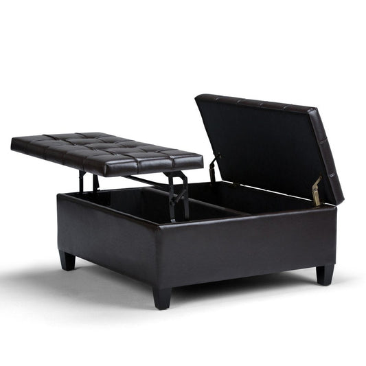 36" Brown And Espresso Faux Leather Tufted Ottoman With Storage