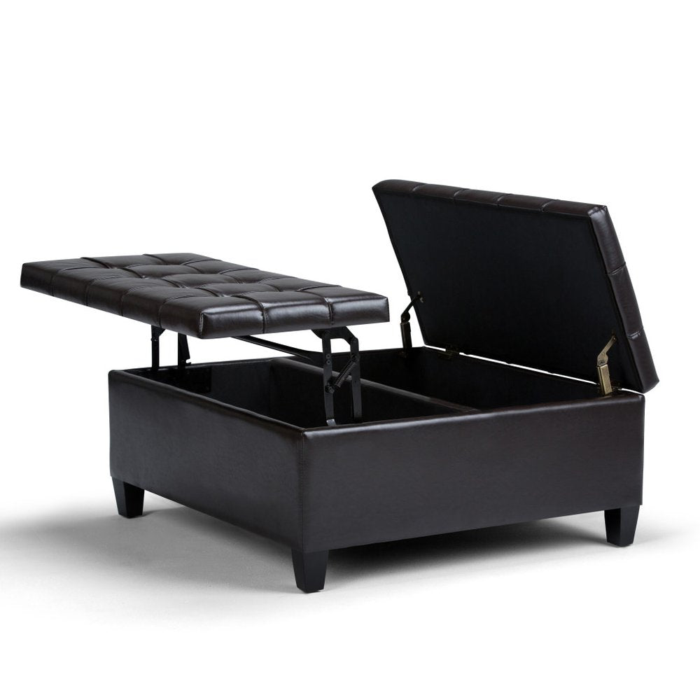 36" Black And Espresso Faux Leather Tufted Ottoman With Storage HomeRoots
