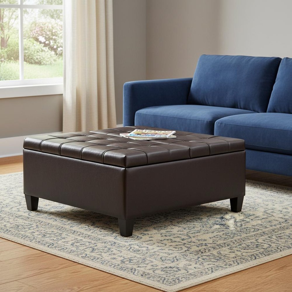 36" Black And Espresso Faux Leather Tufted Ottoman With Storage — view 4