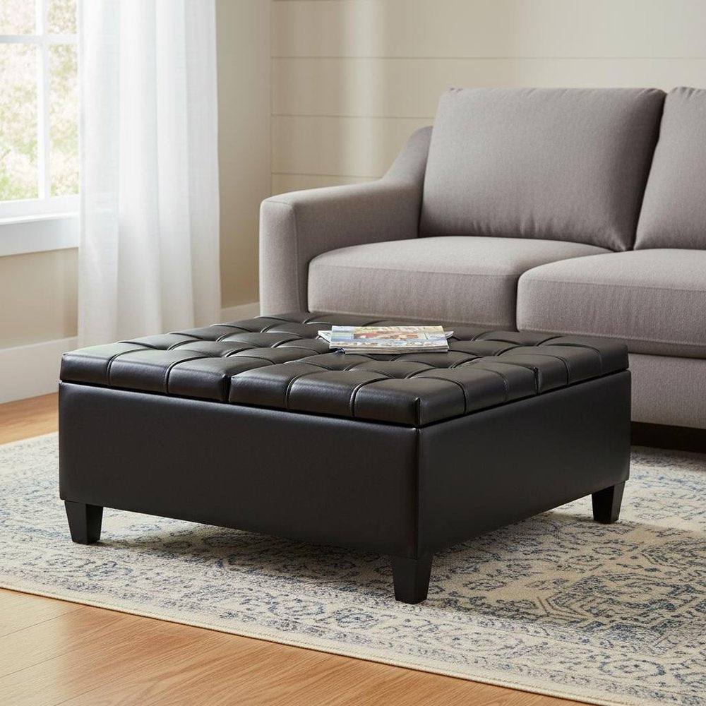 36" Black And Espresso Faux Leather Tufted Ottoman With Storage — view 13