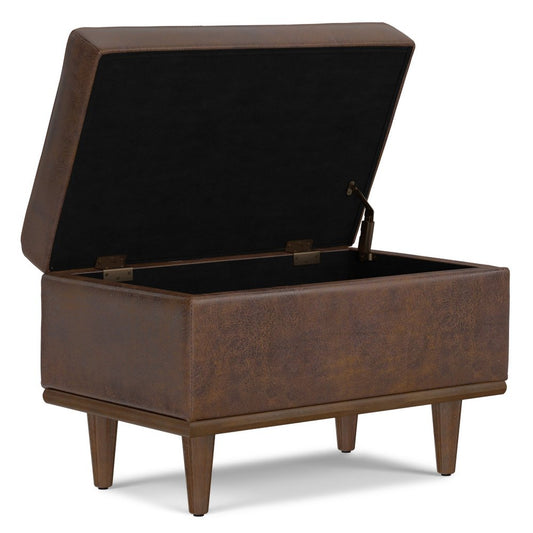 26" Brown And Walnut Faux Leather Ottoman With Storage