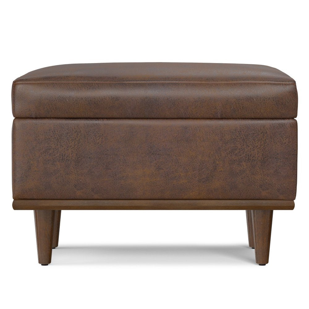 26" Brown And Walnut Faux Leather Ottoman With Storage