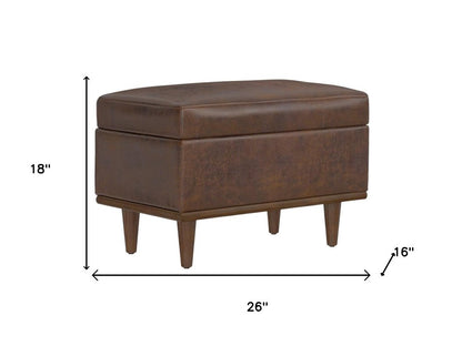 26" Brown And Walnut Faux Leather Ottoman With Storage