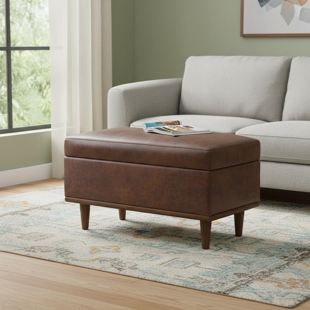 26" Chestnut And Walnut Faux Leather Ottoman With Storage — view 6