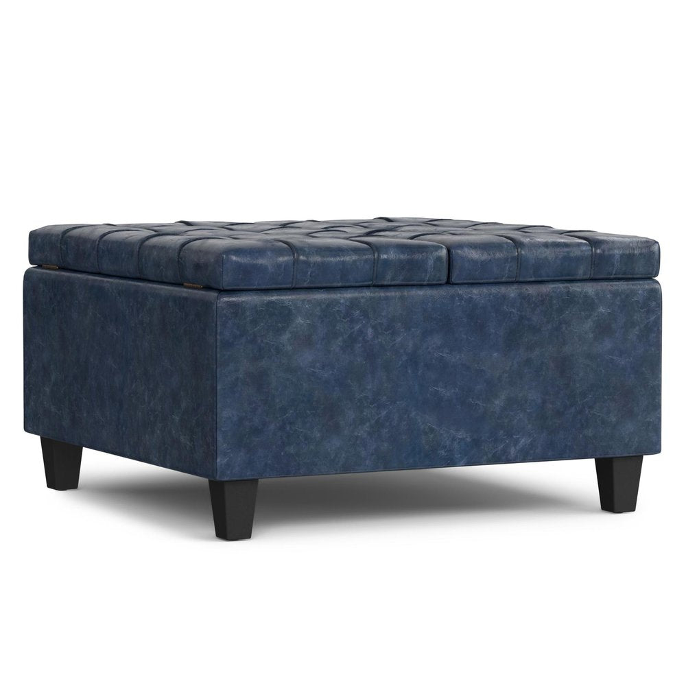 30" Denim Blue And Black Faux Leather Tufted Ottoman With Storage