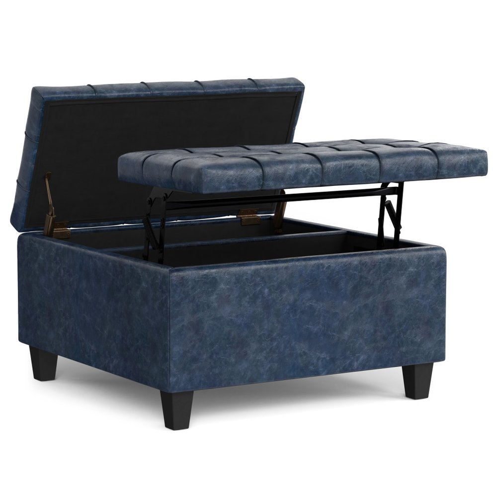 30" Denim Blue And Black Faux Leather Tufted Ottoman With Storage — view 2