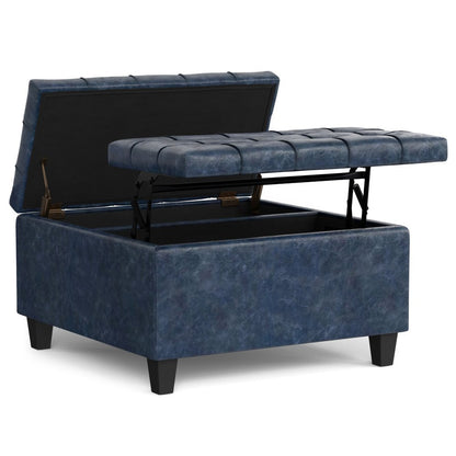 30" Denim Blue And Black Faux Leather Tufted Ottoman With Storage