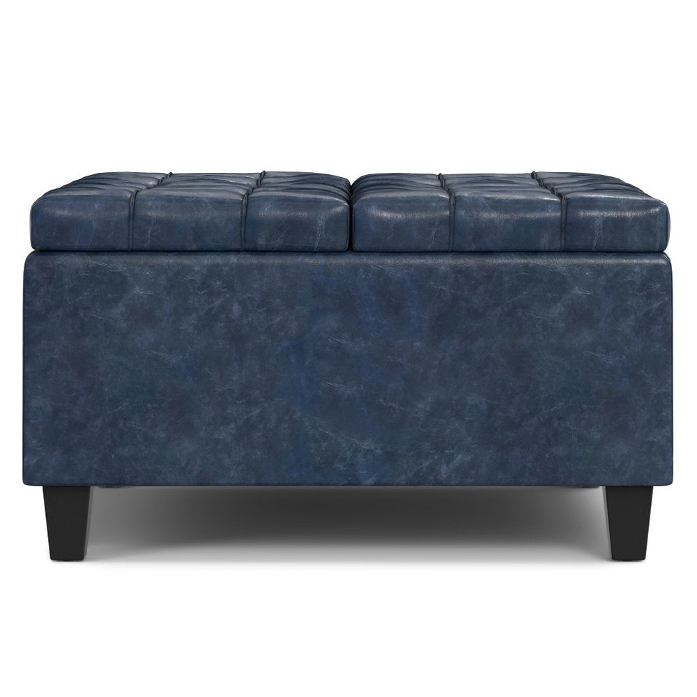 30" Denim Blue And Black Faux Leather Tufted Ottoman With Storage — view 3