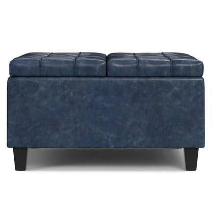 30" Denim Blue And Black Faux Leather Tufted Ottoman With Storage